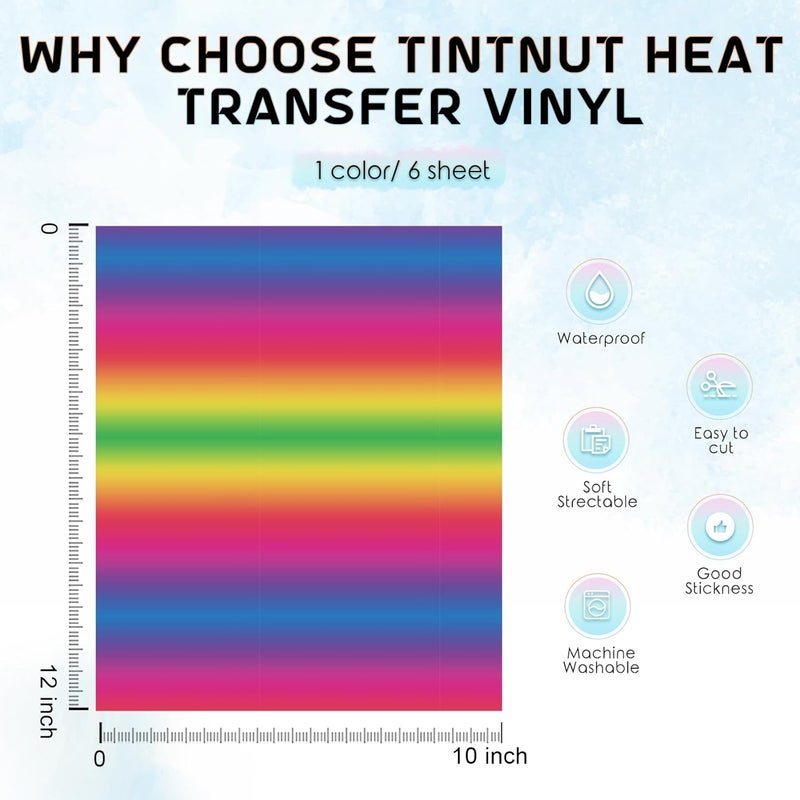 Tintnut Gradient HTV Vinyl - 6sheets 12 x 10 Inches Rainbow Ombre HTV Iron on Vinyl Gradient Heat Transfer Vinyl for T-Shirts DIY Ombre Patterned HTV Vinyl Compatible with Sillhoutte Cameo/Cricut - Image 3